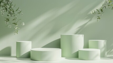 Five Minimalist Green Toned Round Podiums for Product Presentation on Empty Background. Ideal for E-commerce and Advertising Displays, Showcasing Minimalist Style and Elegance