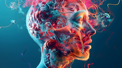 Abstract Digital Art of Human Head with Neural Connections and Vivid Colors, Showcasing Brain Activity and Creativity in a Futuristic and Technological Style
