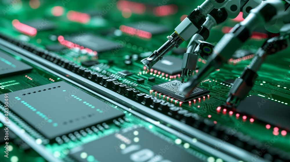 Poster a highly detailed image of a robotic arm performing precise operations on computer circuit boards wi