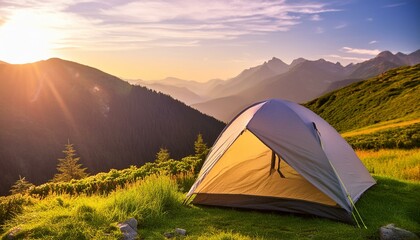 Camping tent high in the mountains. tourist tent camping in mountains at sunset