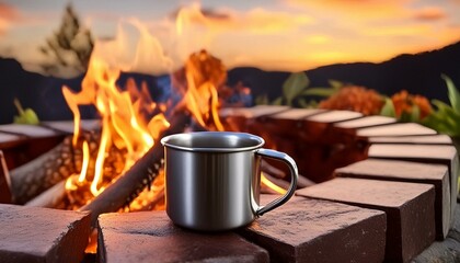 Captivating Lifestyle Image of Matte Metal Coffee Mug Being Used Outdoors by a Campfire. Concept Outdoor Lifestyle Photography, Camping Theme, Mug Product Shot, Matte Metal Finish, Campfire Setting