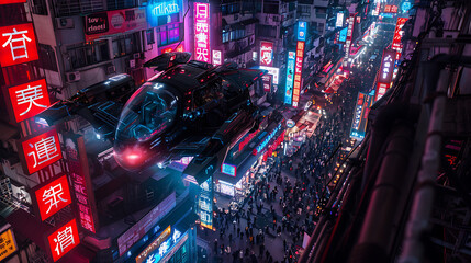 A futuristic cityscape with a flying jet and people walking around