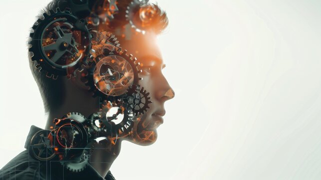 The image shows a man with a gear-shaped head. The gears are turning and the man's face is expressionless. The image is likely a metaphor for the way that people often feel like they are just a cog in