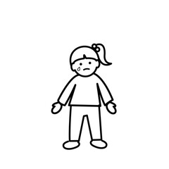 正面を向いて泣く女の子のイラスト　モノクロ線画