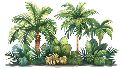 Vibrant tropical palm trees and lush green leaves illustration, ideal for nature, summer, and botanical themed designs.