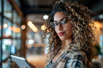 Different businesswomen use tablets in modern offices. A business person uses a laptop to create target audience ICONS