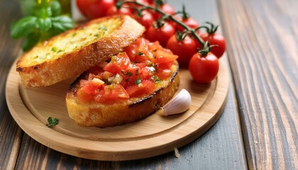 Catalan Pan con Tomate Spanish toasted bread rubbed with fresh garlic and ripe tomato, then drizzled with olive oil closeup on the wooden board