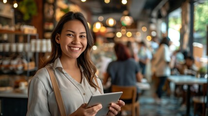 Cheerful young server with a digital tablet ready to take orders in a contemporary cafe setting