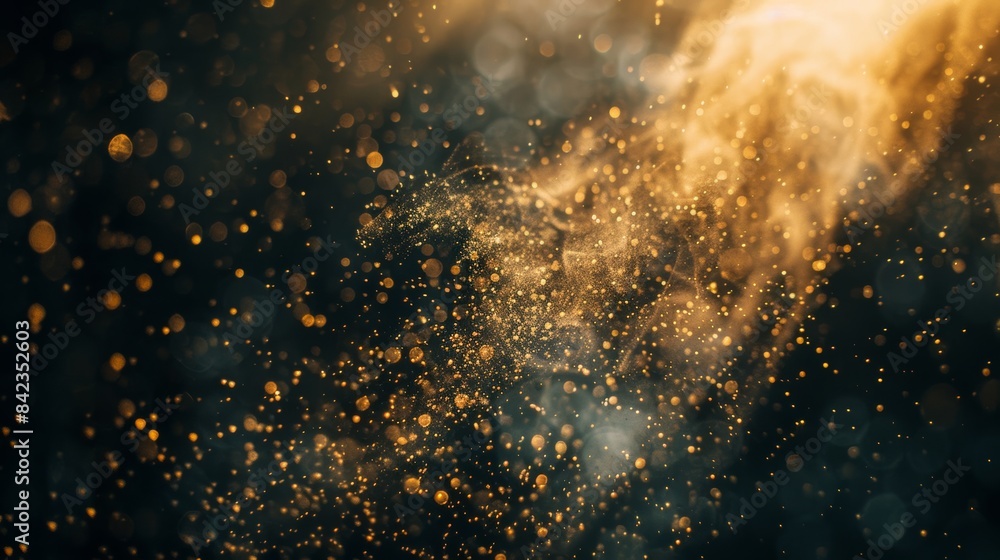 Poster a close-up slow-motion shot of dust particles dancing in a sunbeam, illuminated against a dark backg
