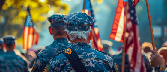 Two men in uniform stand at attention during a patriotic ceremony.