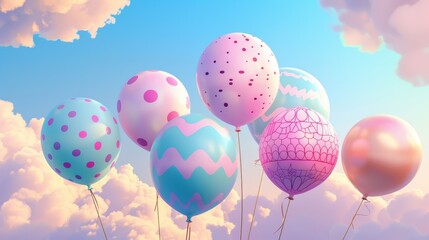A collection of multicolored balloons, each filled with unique patterns and textures, playfully dancing in the gentle breeze against a backdrop of soft pastel clouds.