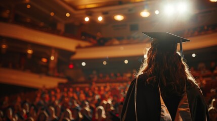 A college graduate giving a heartfelt valedictorian speech, inspiring their fellow graduates to pursue their dreams and make a positive impact on the world,