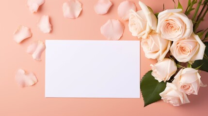 Empty, blank card with rose flower bouquet on peach background