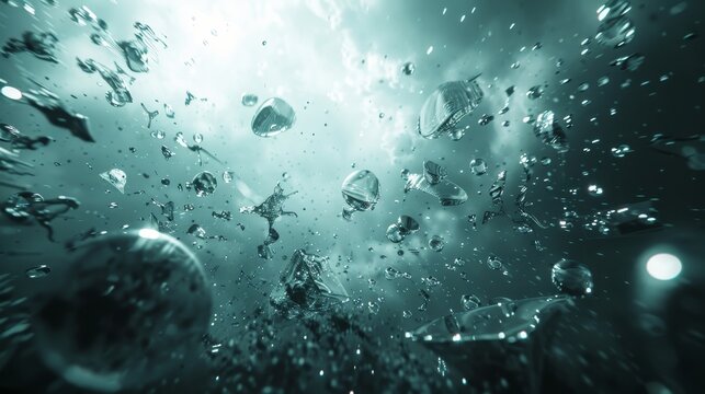 Bleak expanse, scattered with fragments of shattered glass, no signs of life, mysterious bubbles floating ominously