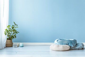 Meditation space in a room with serene vibes, minimal furniture and copyspace. Home interiors composition.