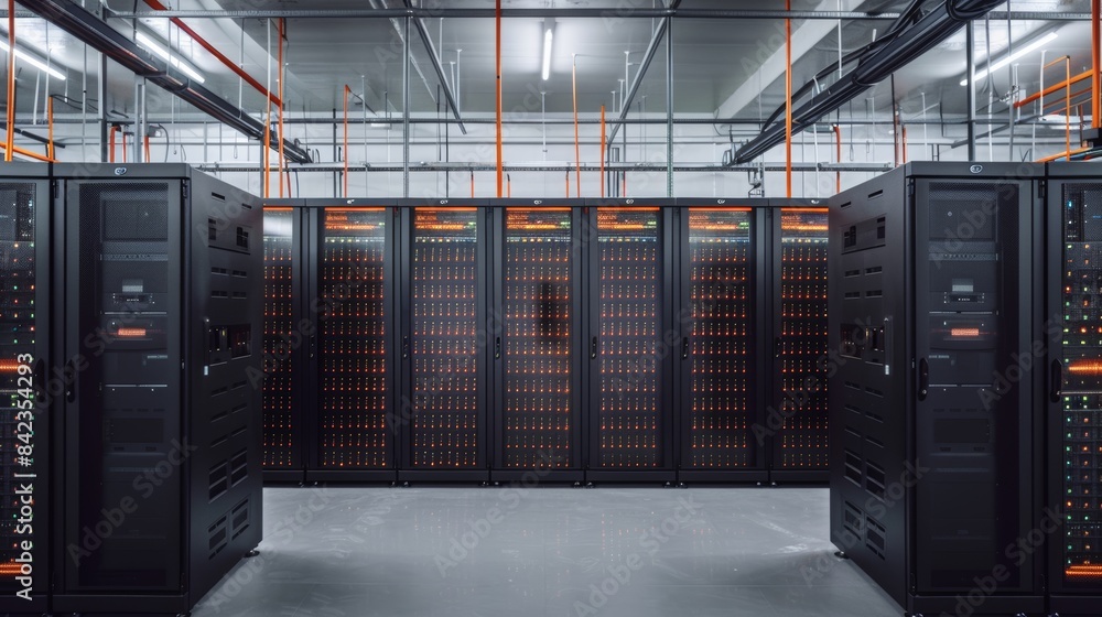 Poster a data center filled with rows of servers, powering cloud computing services for businesses and indi