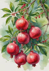 Obraz premium A watercolor painting of pomegranates on the tree, with bright red and green tones on a light background.