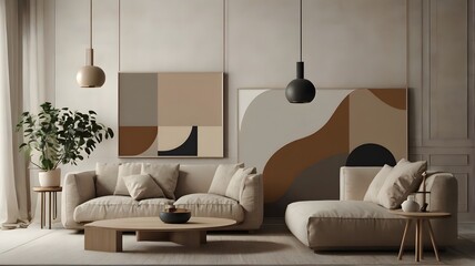 A modern living room interior with a sofa, stylish furniture, and contemporary decor