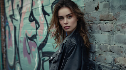 Fototapeta premium Fashion Photoshoot in Urban Setting. A captivating fashion photoshoot featuring a model posing in an urban environment.