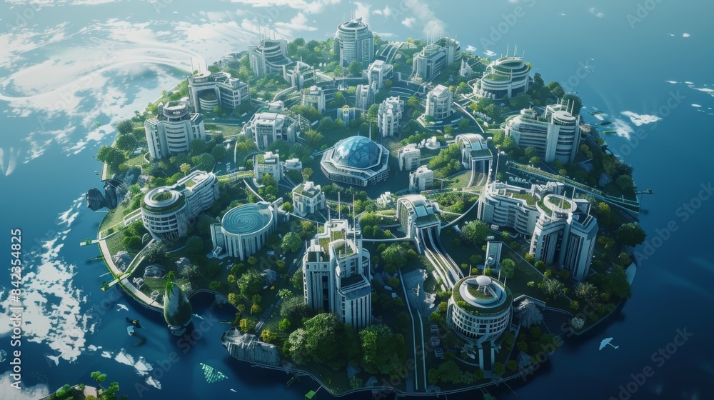 Poster a detailed architectural rendering of a futuristic global business hub on a rotating blue planet, fe