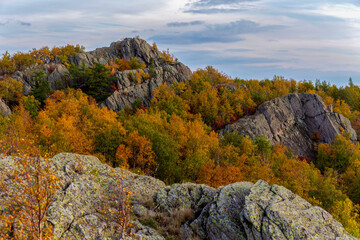 rocks on the ridge and ryndyk in the Southern Urals, beautiful autumn day