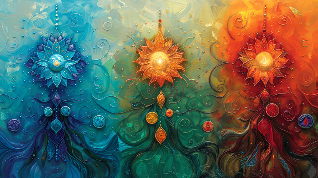 Ayurvedic Dosha Balancing Art Depicting Vata, Pitta, and Kapha in Vibrant Harmony - Ai Generated