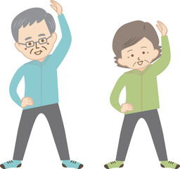 スポーツウェア姿で体操をするシニア男性とシニア女性