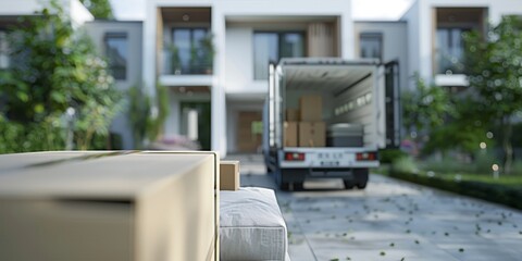 Moving house. Unloading cardboard boxes from the truck.