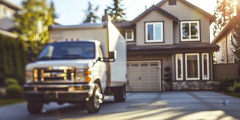 Obraz premium A moving truck is parked in front of a house