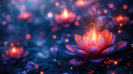 Ayurvedic Meditation Session with Glowing Lotus Flowers in Mystical Evening Light - Ai Generated