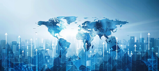 Banner featuring a light blue world map adorned with numerous upward-pointing arrows symbolizing the current trend of business growth