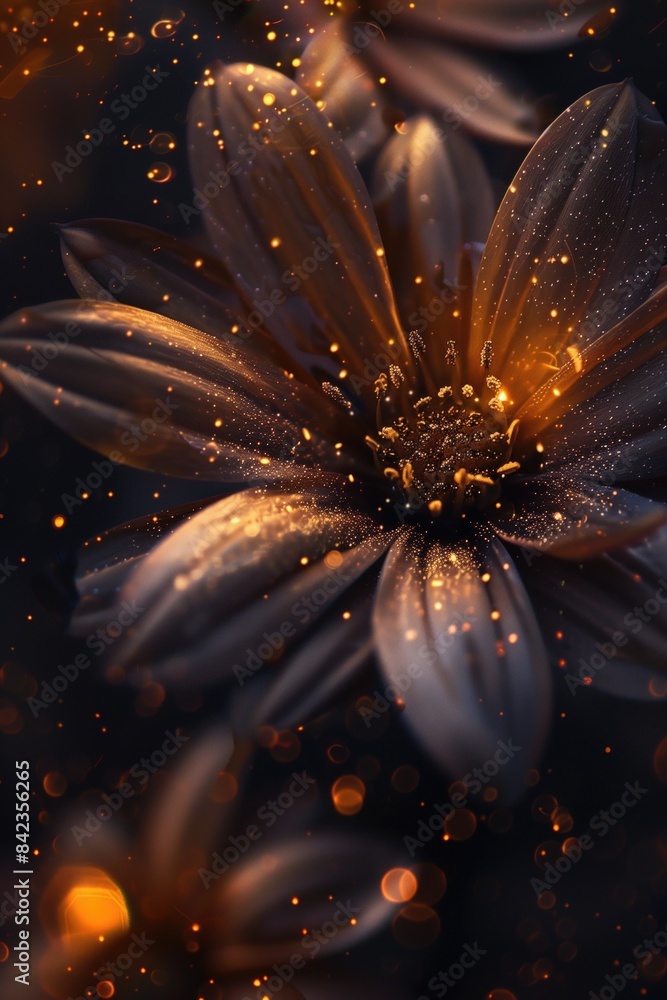 Poster close-up of a flower illuminated with glowing particles, creating a magical and enchanting effect ag