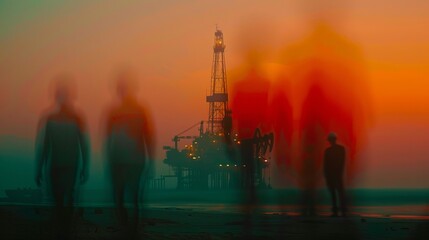 Fototapeta premium Blurred silhouettes of oil drillers working on an oil rig at sunrise, the outline of the derrick barely visible, adding a raw, atmospheric touch