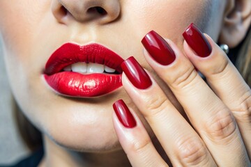 Naklejka premium A sexy woman touching her painted red lips with a manicure on her red nails. Cosmetic products, fashionable lipstick, lip gloss and nail polish. A sensual woman.