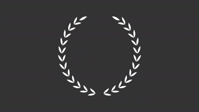 Animated laurel border white icon. Symbol of success achievements animation. Ceremonial wreath. Ornamental element. Isolated illustration on dark background. Transition alpha video. Motion graphic