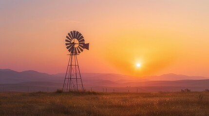 Classic windmill at sunset, bathed in warm dusk light, tranquil countryside with mist-covered mountains, peaceful evening scene