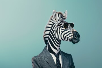 The image shows a zebra head in a suit and sunglasses against a blue background.