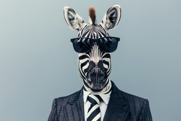 Obraz premium A zebra wearing a suit and sunglasses is a surreal and eye-catching image