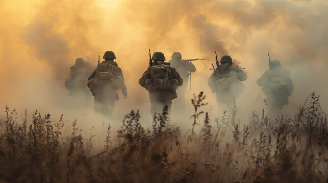Army soldiers in a cloud of smoke during fighting 