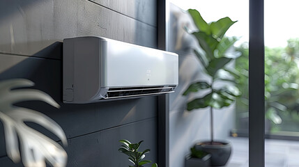 Modern air conditioner on wall in living room 