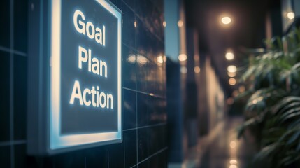 Obraz premium A luminous signage box with motivational words 'Goal Plan Action' displayed on a moody city street