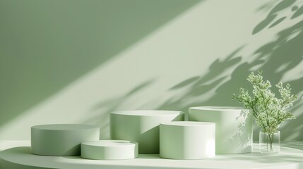 Five Minimalist Green Toned Round Podiums for Product Presentation on Empty Background. Ideal for E-commerce and Advertising Displays, Showcasing Minimalist Style and Elegance