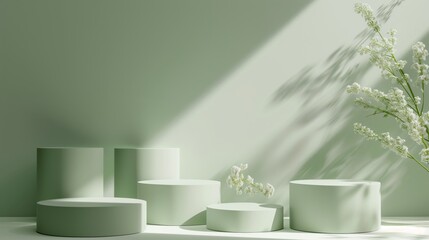 Six Minimalist Green Toned Round Podiums for Product Presentation on Empty Background. Ideal for E-commerce and Advertising Displays, Showcasing Minimalist Style and Elegance