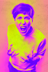 Fury. Frustrated and angry woman screaming. Modern art collage, design.