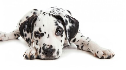 White background with black and white spotted young dog