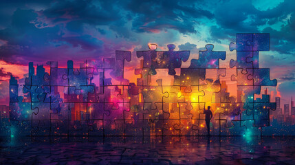Building Together With Cosmic Puzzle Pieces and Cityscape - Teamwork and Collaboration Artwork - Ai Generated