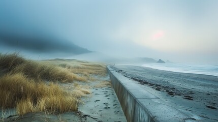 Coastal fog obscures a beach and a stark concrete wall, early morning light piercing through, creating a misty and peaceful landscape