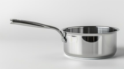 Aluminum saucepan with extended handle on a white backdrop