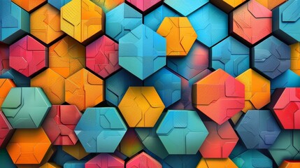 Colorful hexagonal mosaic, digital texture, interlocking pattern, beehive design, 3D illusion, bright tones