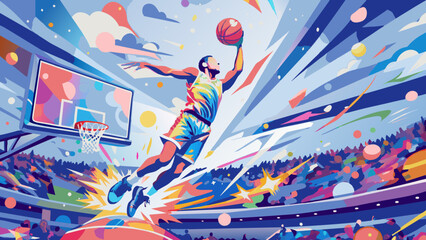 Dynamic Basketball Player Making Slam Dunk in Vibrant Arena